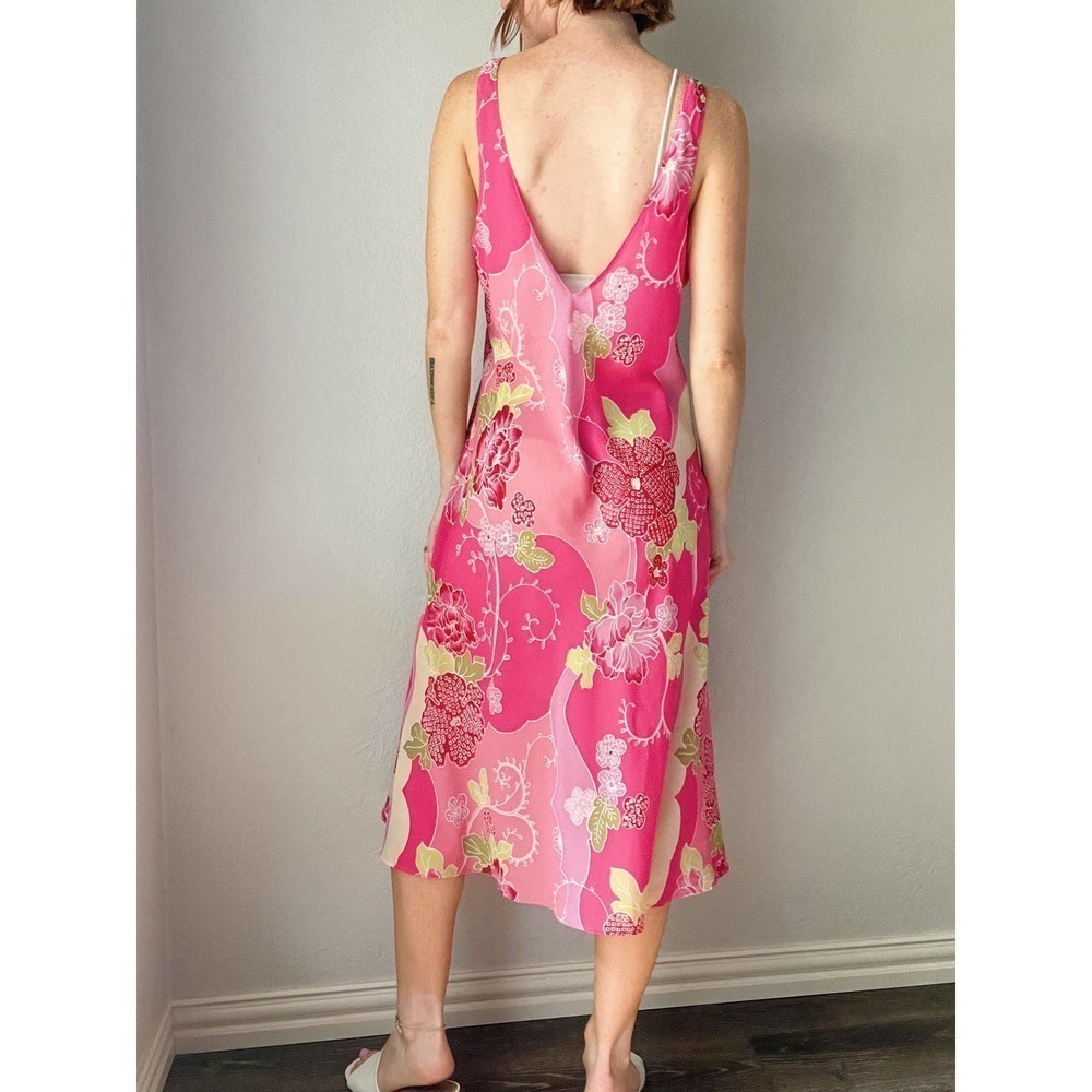 Vintage Natori Pink Floral Abstract Printed Midi Low Back Slip Dress - Picture 3 of 6